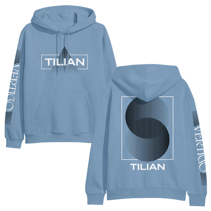 Tilian light blue hoodie featuring TILIAN in a white box and a black geometric design on the front. The back displays a bold black and white abstract “S” shape, with white text running down both sleeves.