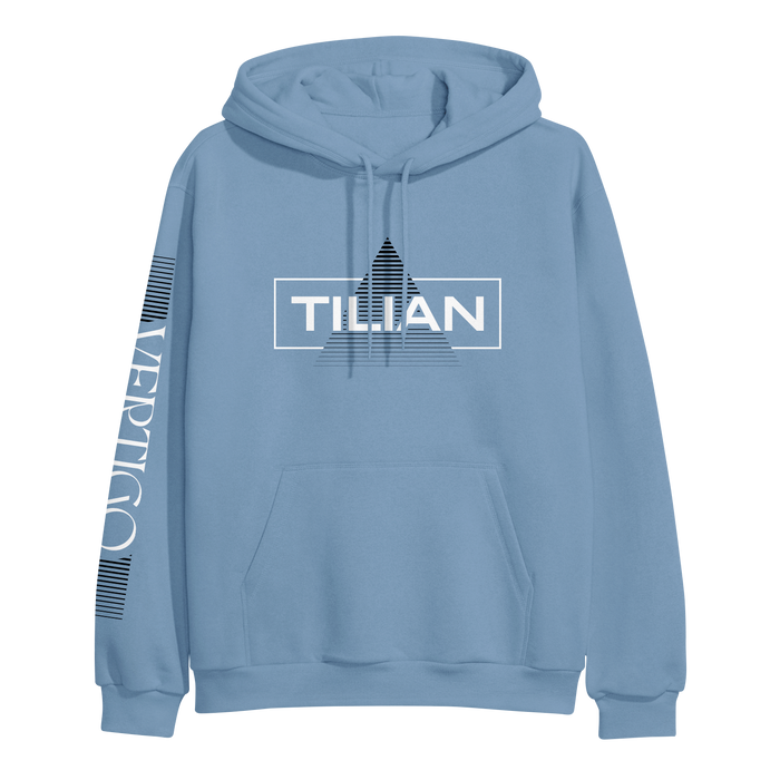 Light blue Tilian hoodie with a front pocket. Features a triangle and bold white “TILLIAN” on the chest, plus vertical “VERTIGO” text with black lines on the left sleeve.