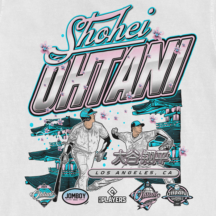 Illustration of Shohei Ohtani playing baseball, with pastel-colored text and cherry blossom accents, representing Los Angeles.