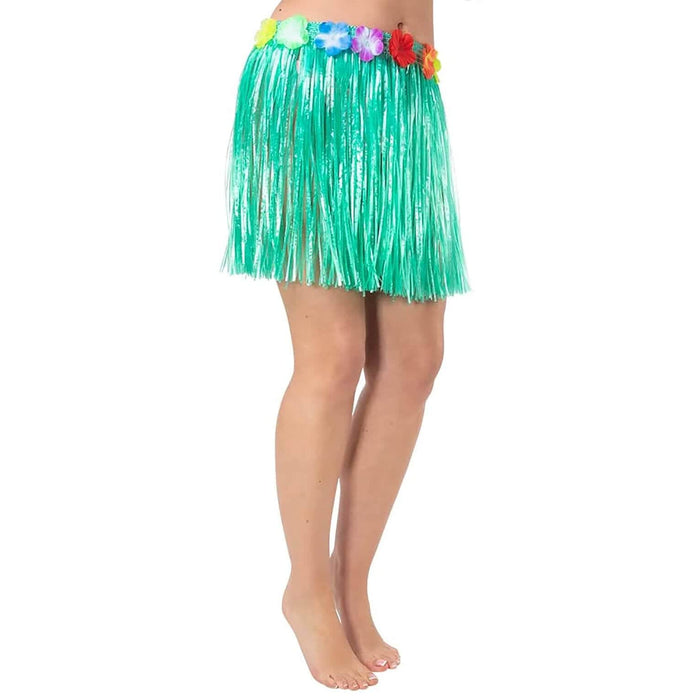 Short Hula Grass Skirt With Flowers Hawaiian Beach Party 40cm Green