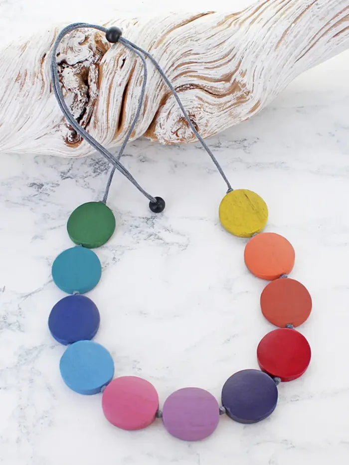 Short Wooden Rainbow Disc Necklace