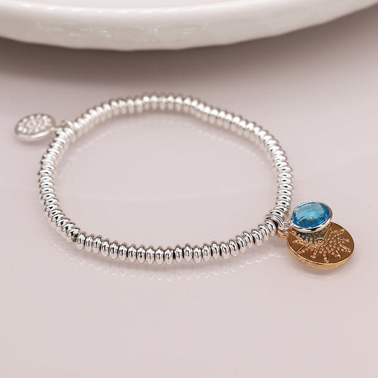 Silver Plated Bead Bracelet with Golden Disc and Aqua Crystal