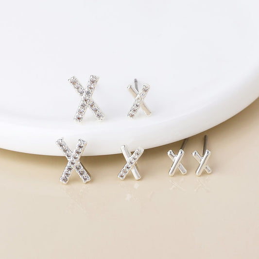 Silver Plated Crystal X Kiss Triple Pair Pack Earrings