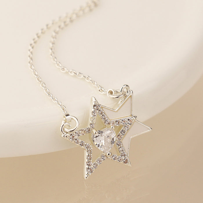 Silver Plated Double Star and Crystal Heart Necklace