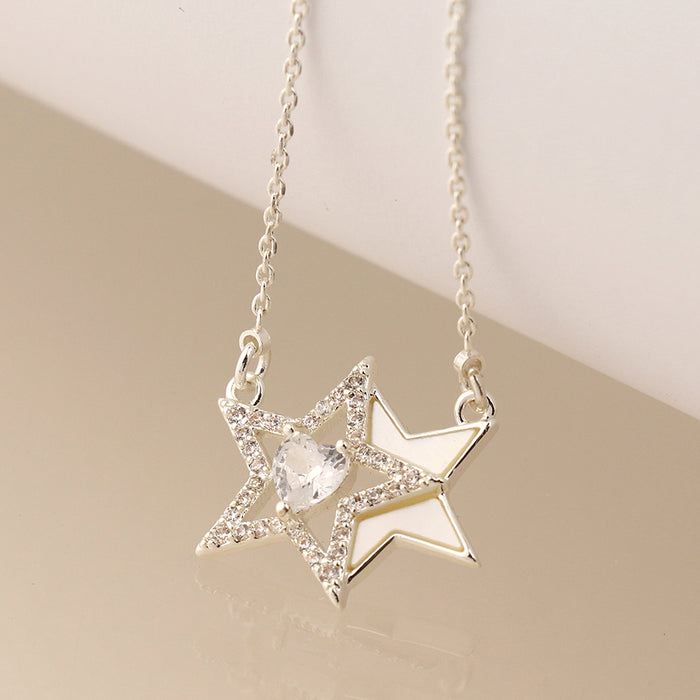 Silver Plated Double Star and Crystal Heart Necklace