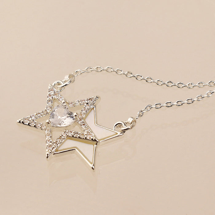 Silver Plated Double Star and Crystal Heart Necklace