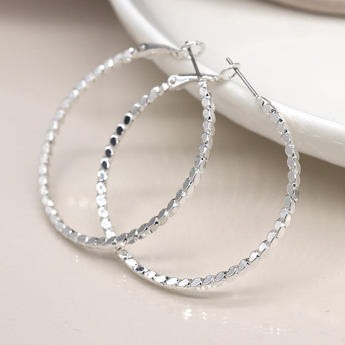 Silver Plated Large Faceted Rope Twist Hoops