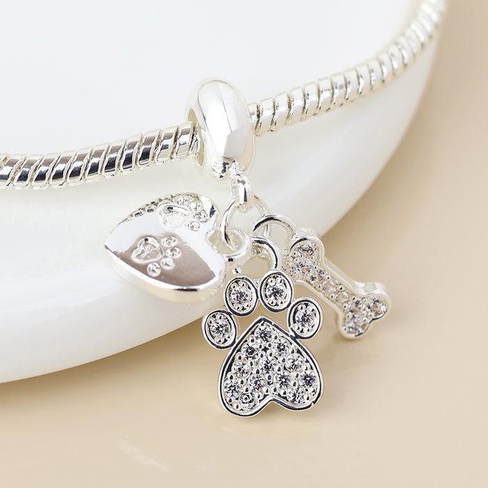 Silver Plated Slider Charm Bracelet with Crystal Heart and Paws Charm Mix