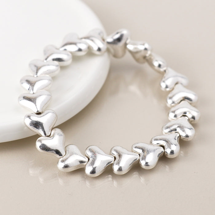Silver Plated Worn Hearts Stretch Bracelet