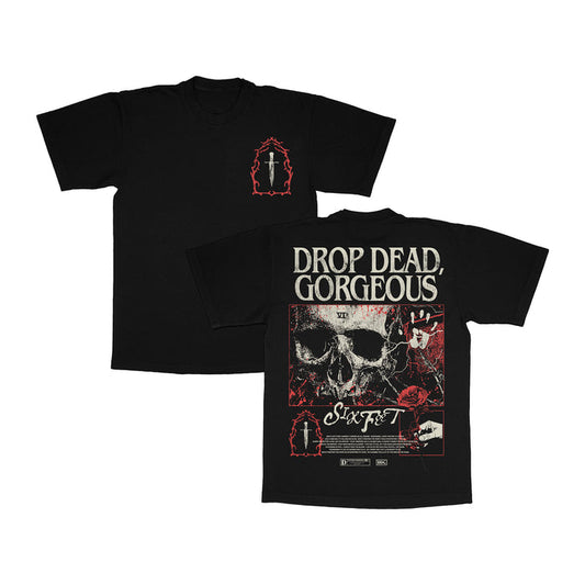 Drop Dead, Gorgeous black tee in soft ring-spun cotton with a small red sword frame on the front. Back print features DROP DEAD, GORGEOUS, skull, roses, Six Feet text, and bold red and white accents.