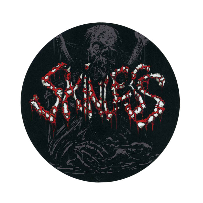 A circular logo featuring the word Skinless in jagged, bone-like letters dripping with blood. A dark background reveals a faint skeletal figure, amplifying the horror-themed vibe.