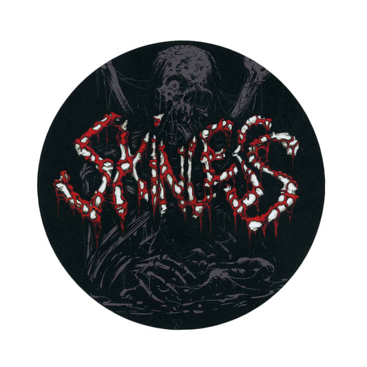 A circular logo featuring the word Skinless in jagged, bone-like letters dripping with blood. A dark background reveals a faint skeletal figure, amplifying the horror-themed vibe.