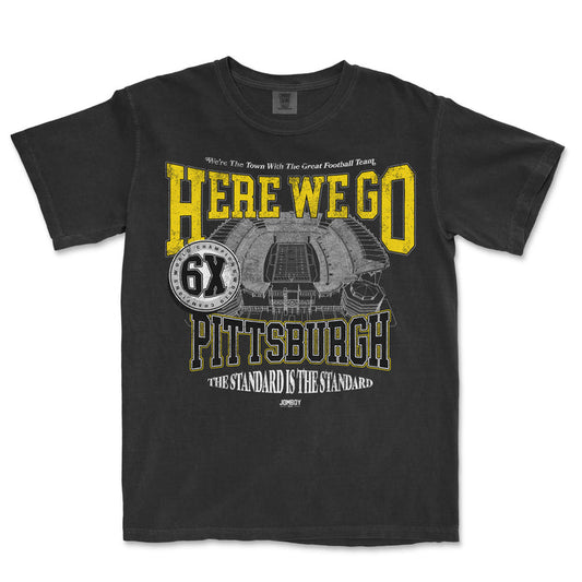 Black T-shirt featuring yellow and white text, a stadium graphic, and Pittsburgh-themed football team design.