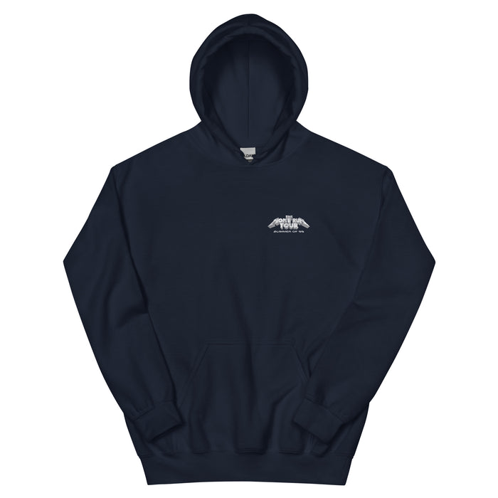 Navy blue hoodie with "Summer of 99" and tour graphic print on the chest, featuring a front pocket and adjustable drawstring hood.