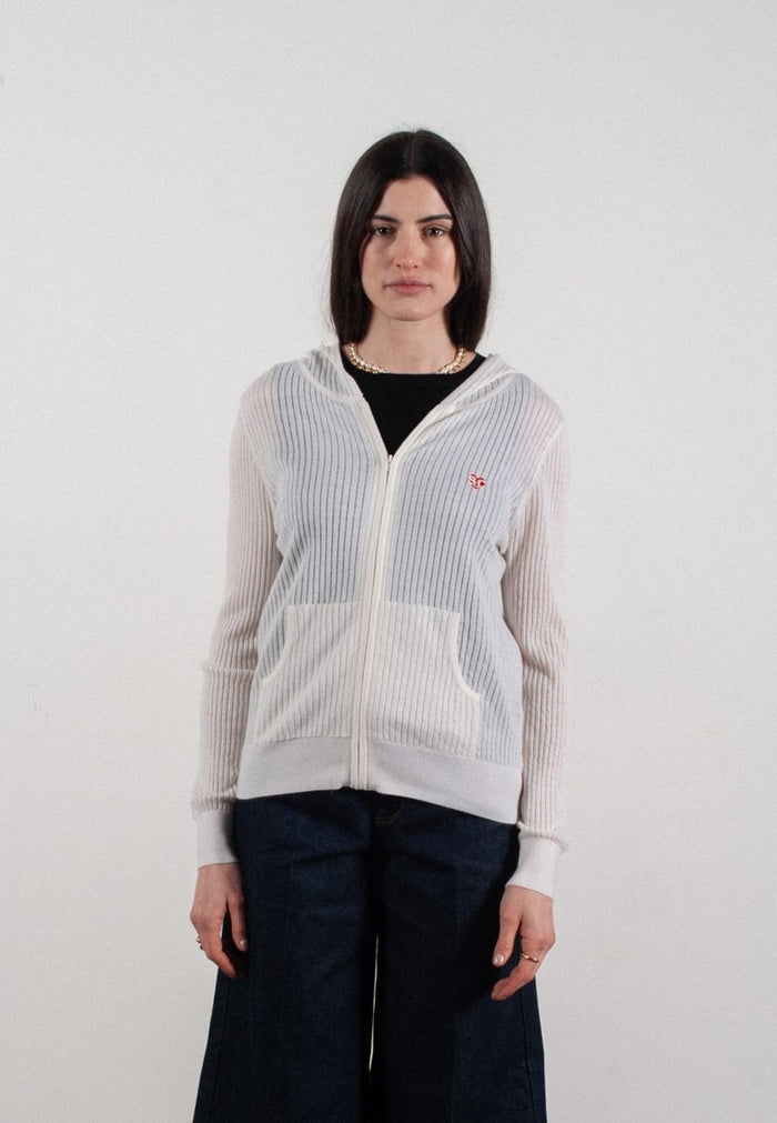 Sweat à capuche femme en cachemire et laine ajouré ultrafin blanc - FRIDA 9