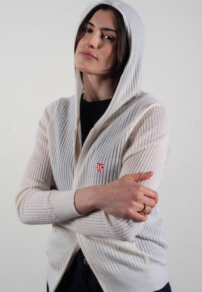 Sweat à capuche femme en cachemire et laine ajouré ultrafin blanc - FRIDA 9