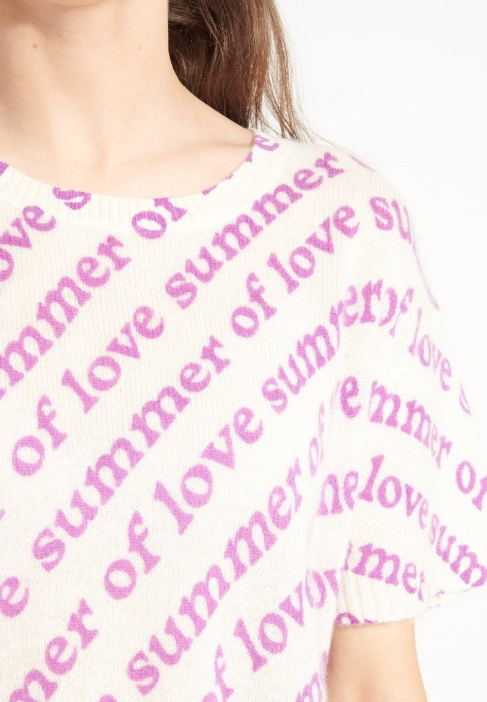 AVA 10 T shirt en cachemire déjaugé col rond manches courtes avec imprimé " SUMMER OF LOVE" blanc écru