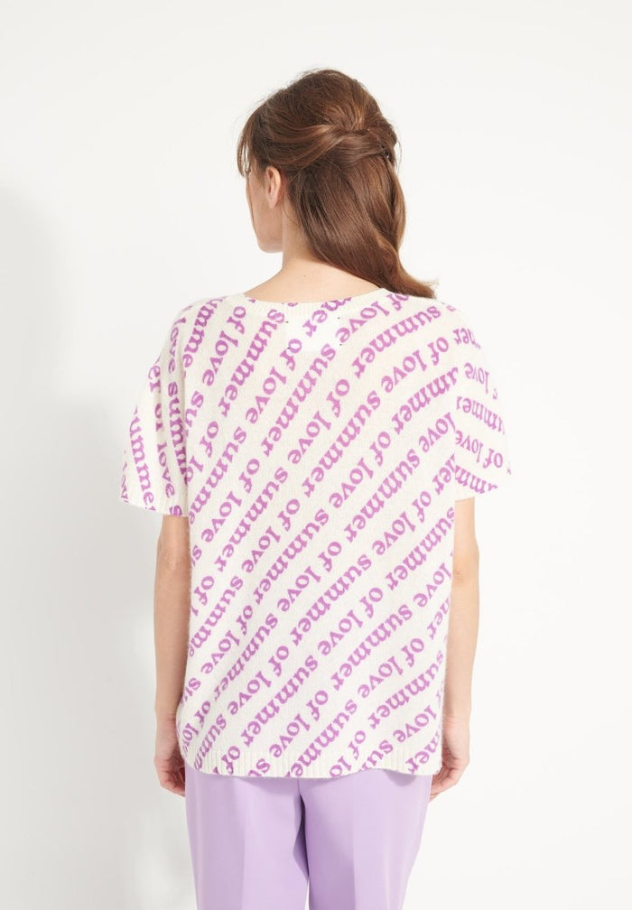 AVA 10 T shirt en cachemire déjaugé col rond manches courtes avec imprimé " SUMMER OF LOVE" blanc écru