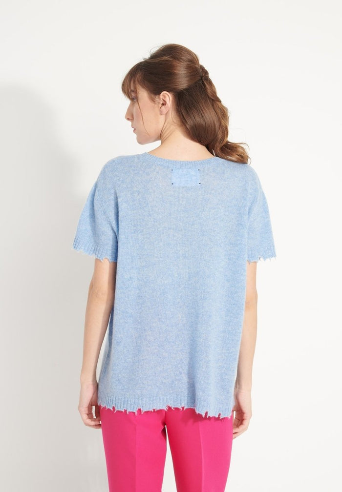 AVA 6 T shirt en cachemire déjaugé col rond manches courtes avec finitions ciselées bleu ciel