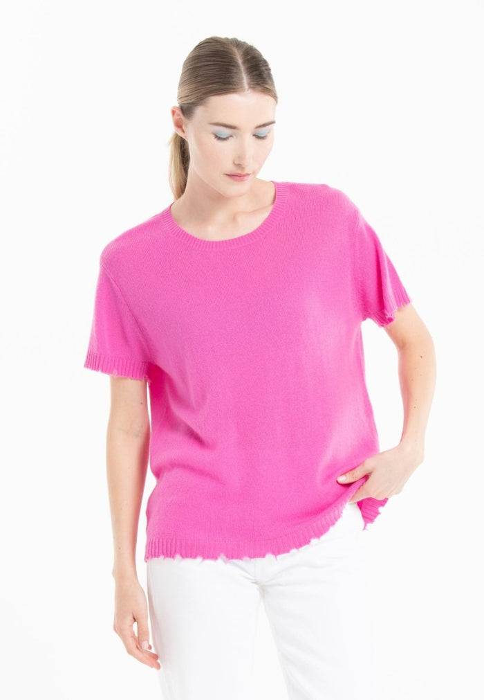 T-shirt col rond cachemire rose barbie femme - AVA 6