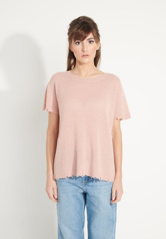AVA 6 T shirt en cachemire déjaugé col rond manches courtes avec finitions ciselées rose poudré