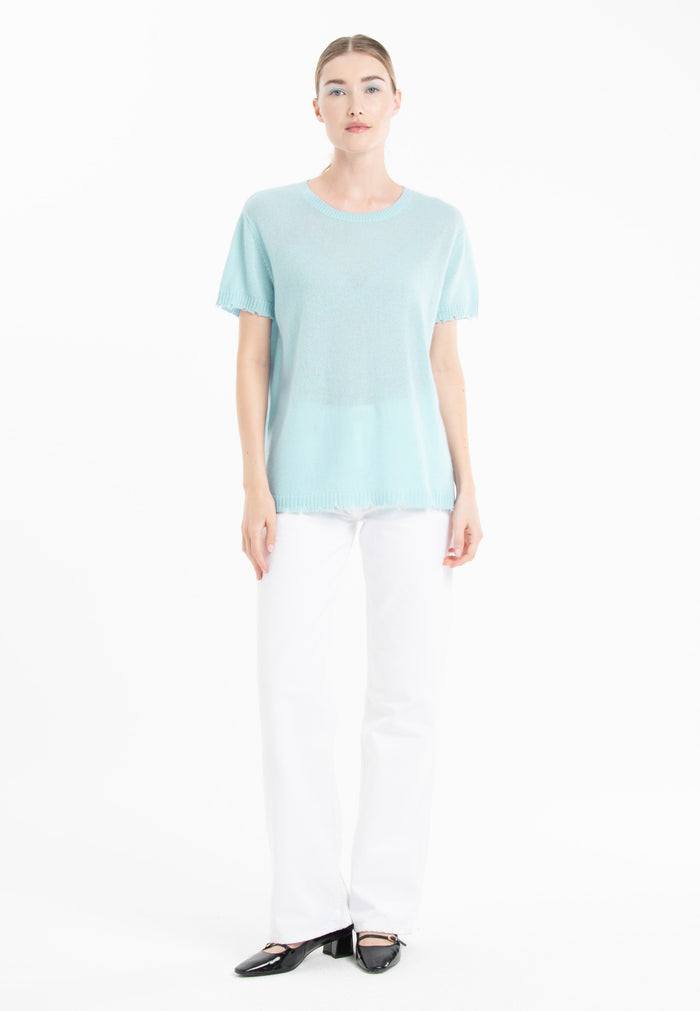 T-shirt col rond femme en cachemire déjaugé turquoise - AVA 6