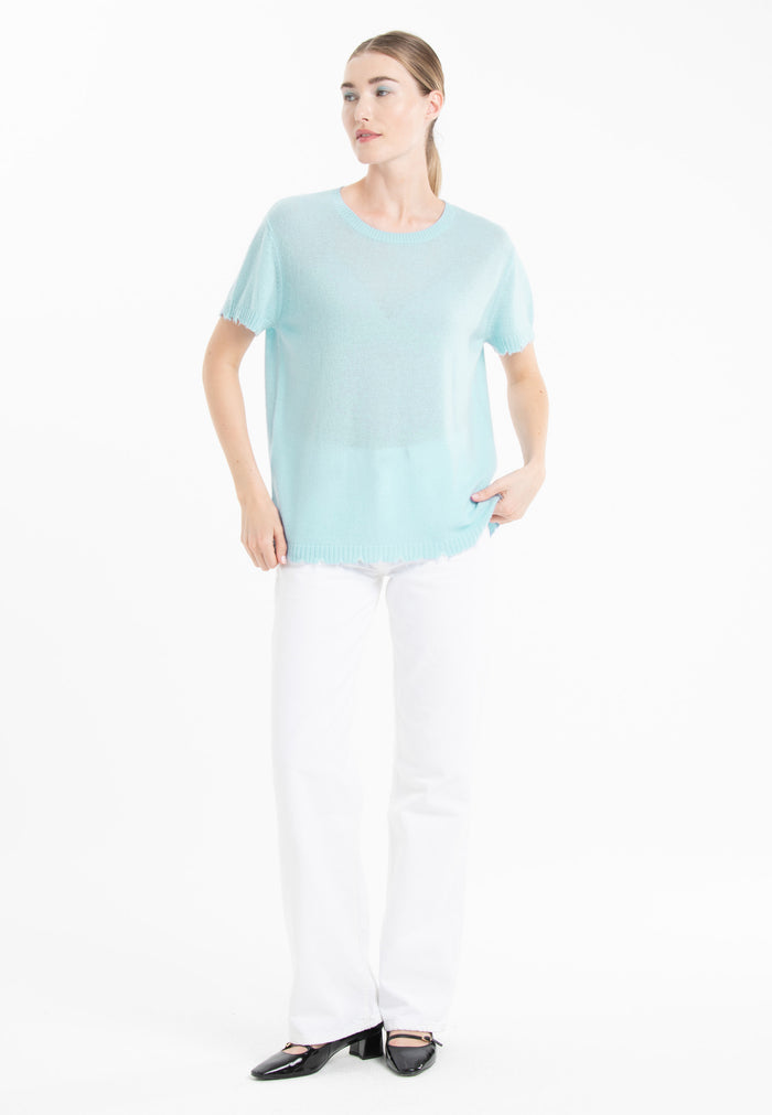 T-shirt col rond femme en cachemire déjaugé turquoise - AVA 6