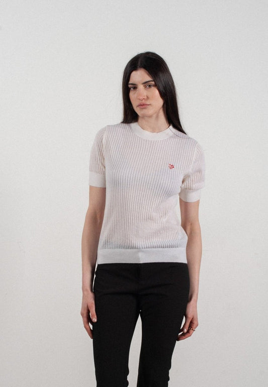 T-shirt col rond manches courtes femme en cachemire et laine ajouré ultrafin blanc - FRIDA 8