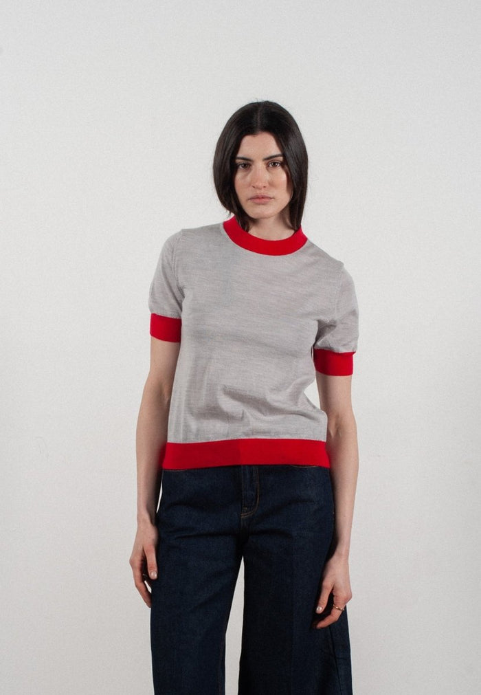 T-shirt col rond manches courtes femme en cachemire et laine ultrafin gris clair & rouge - FRIDA 12