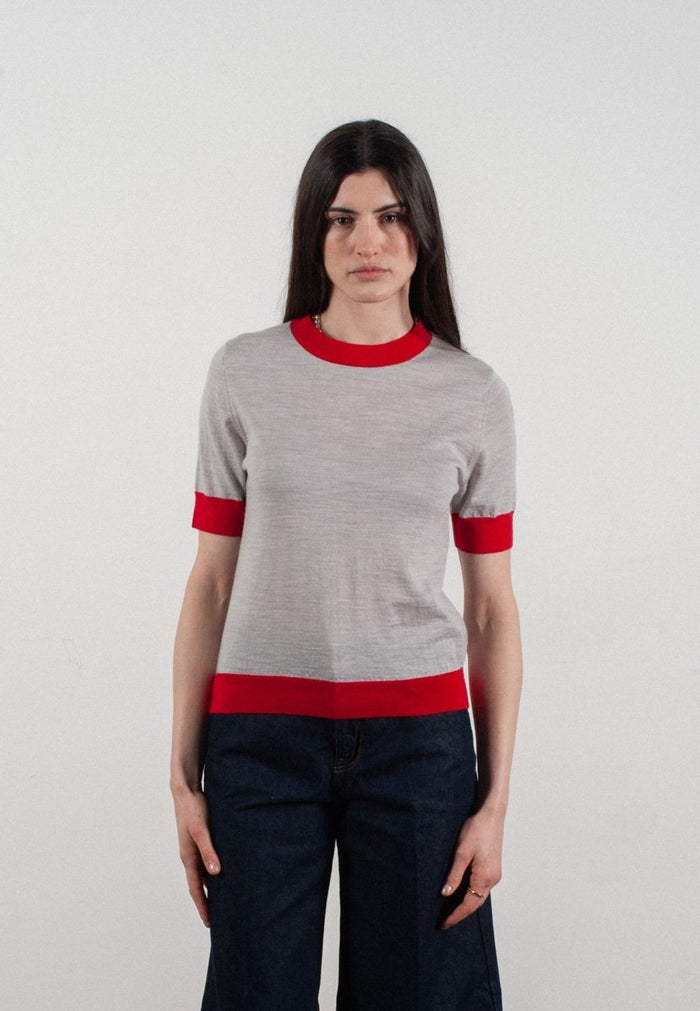 T-shirt col rond manches courtes femme en cachemire et laine ultrafin gris clair & rouge - FRIDA 7