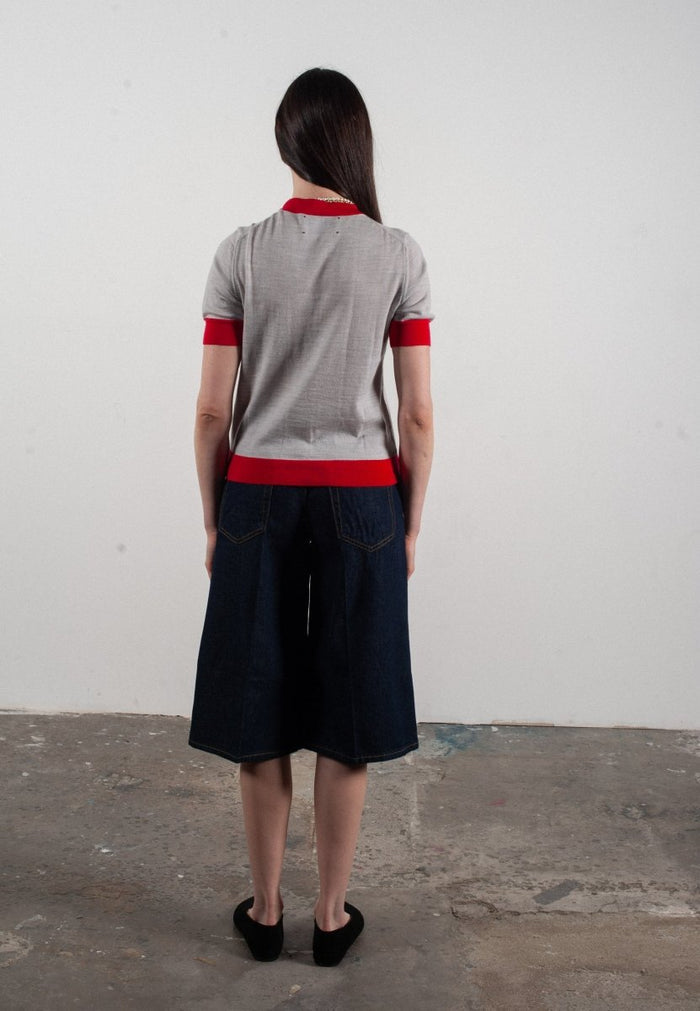 T-shirt col rond manches courtes femme en cachemire et laine ultrafin gris clair & rouge - FRIDA 12
