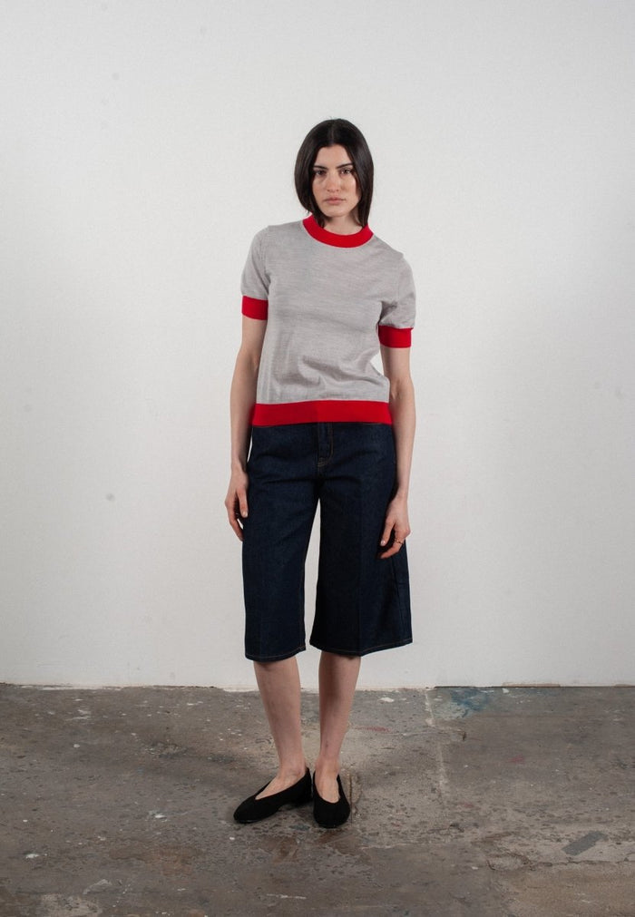 T-shirt col rond manches courtes femme en cachemire et laine ultrafin gris clair & rouge - FRIDA 12