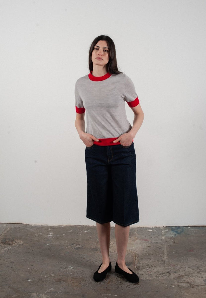 T-shirt col rond manches courtes femme en cachemire et laine ultrafin gris clair & rouge - FRIDA 7