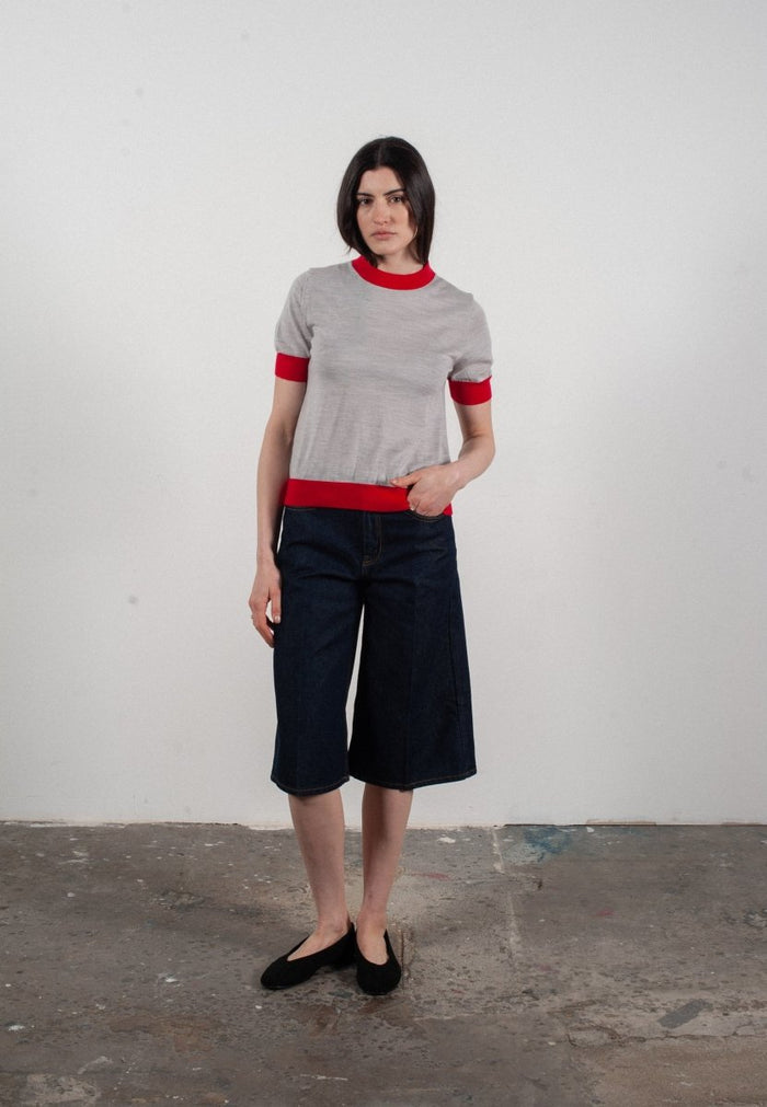 T-shirt col rond manches courtes femme en cachemire et laine ultrafin gris clair & rouge - FRIDA 12