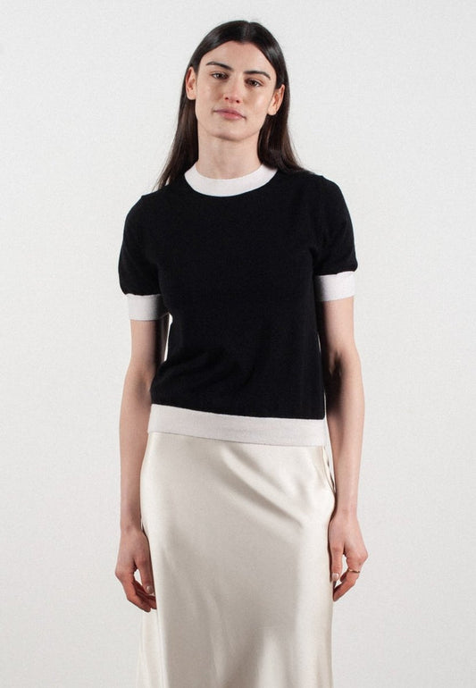 T-shirt col rond manches courtes femme en cachemire et laine ultrafin noir & blanc - FRIDA 12