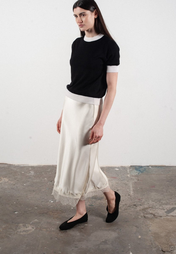 T-shirt col rond manches courtes femme en cachemire et laine ultrafin noir & blanc - FRIDA 12
