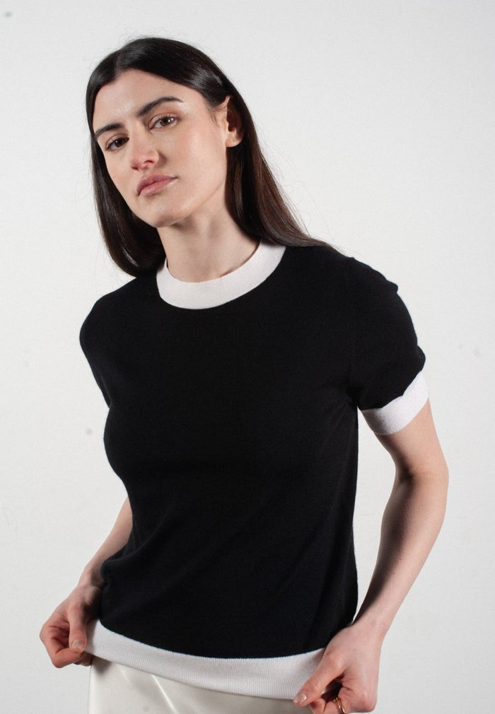 T-shirt col rond manches courtes femme en cachemire et laine ultrafin noir & blanc - FRIDA 12
