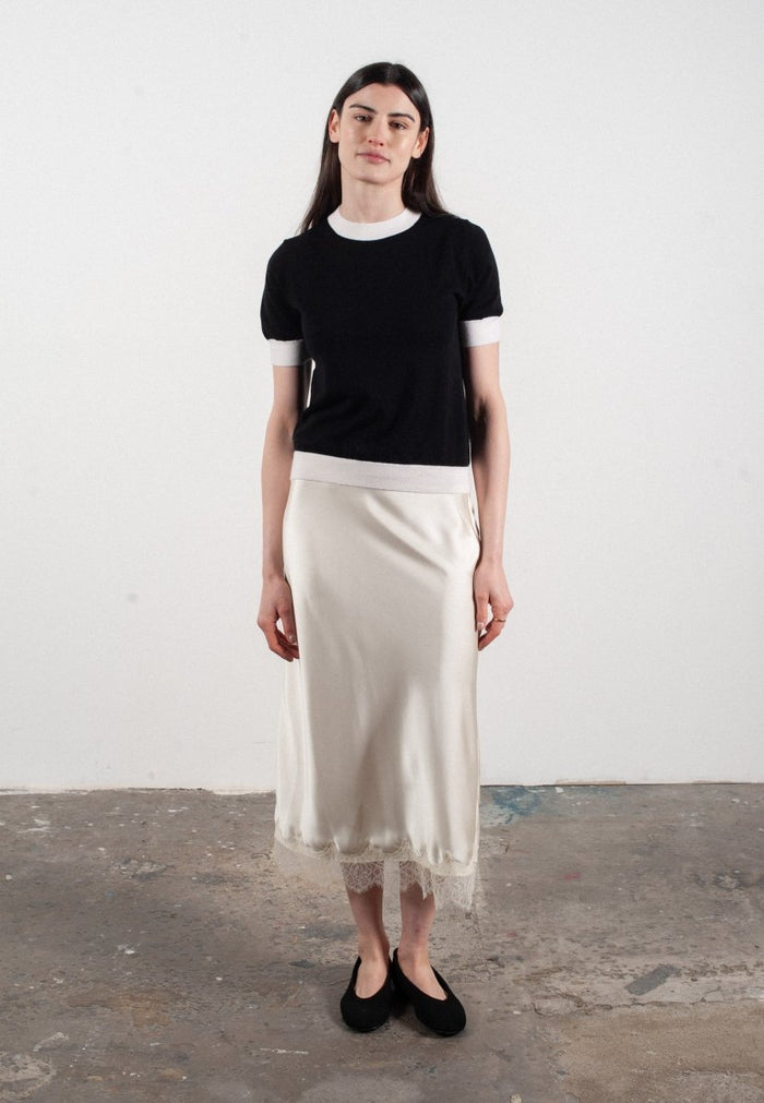 T-shirt col rond manches courtes femme en cachemire et laine ultrafin noir & blanc - FRIDA 12