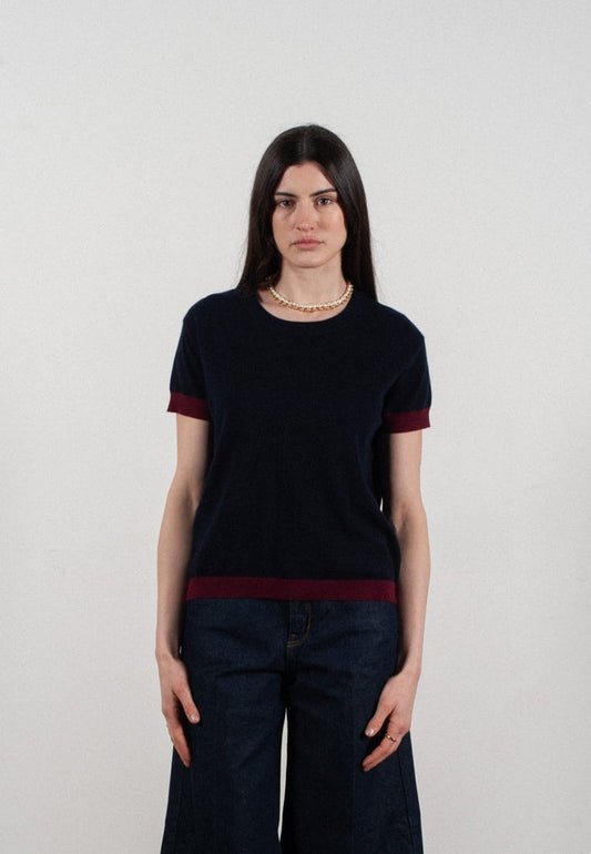 T shirt col rond manches courtes femme en cachemire & laine ultrafin bleu marine & rouge bordeaux - KELLY 1