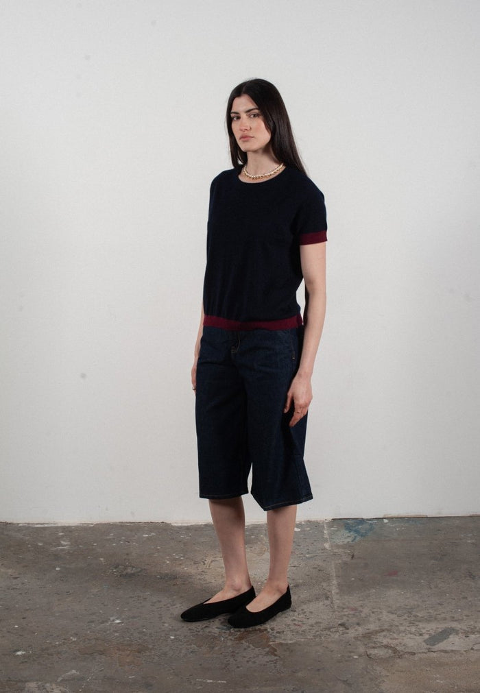 T shirt col rond manches courtes femme en cachemire & laine ultrafin bleu marine & rouge bordeaux - KELLY 1