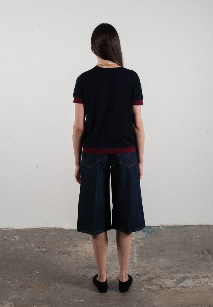 T shirt col rond manches courtes femme en cachemire & laine ultrafin bleu marine & rouge bordeaux - KELLY 1