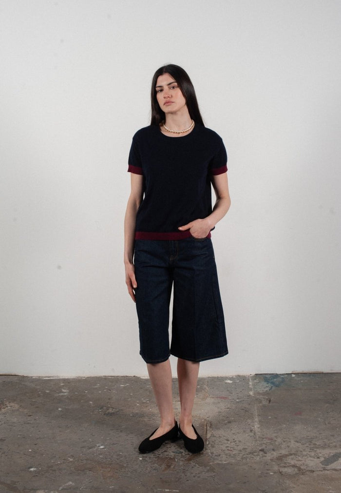 T shirt col rond manches courtes femme en cachemire & laine ultrafin bleu marine & rouge bordeaux - KELLY 1
