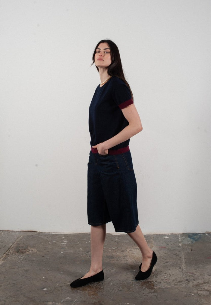 T shirt col rond manches courtes femme en cachemire & laine ultrafin bleu marine & rouge bordeaux - KELLY 1