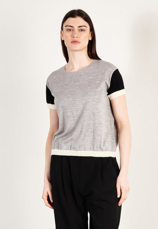 T-shirt col rond tricolore ultrafin cachemire et laine gris/noir/blanc femme - KELLY 7