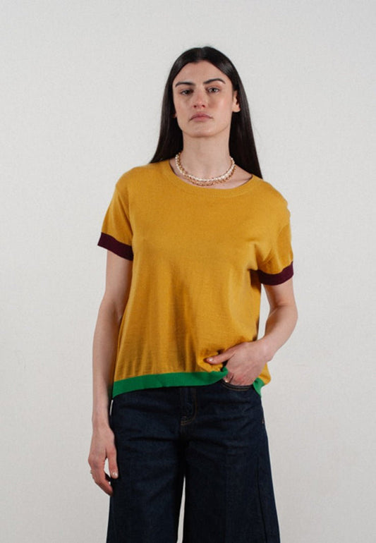 T shirt col rond manches courtes femme en cachemire & laine ultrafin jaune & rouge bordeaux & vert - KELLY 8