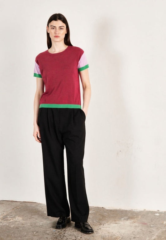 T shirt col rond manches courtes femme en cachemire & laine ultrafin rouge & lavande & vert - KELLY 7