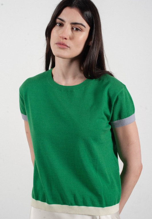 T shirt col rond manches courtes femme en cachemire & laine ultrafin vert & lavande & blanc - KELLY 8
