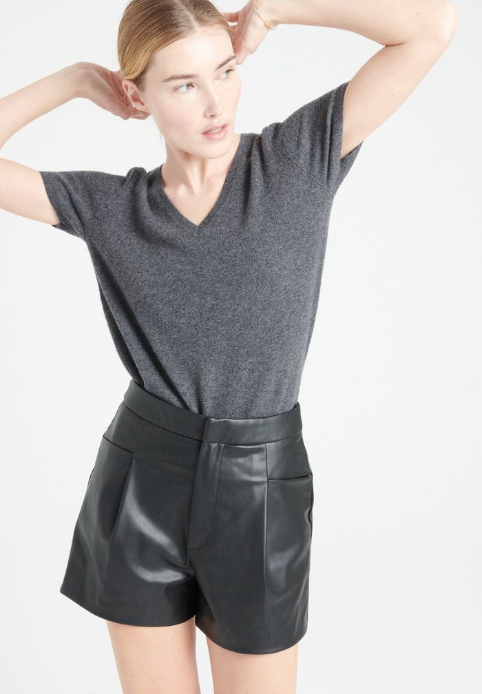 LILLY 14 T-shirt col V en cachemire manches courtes gris anthracite