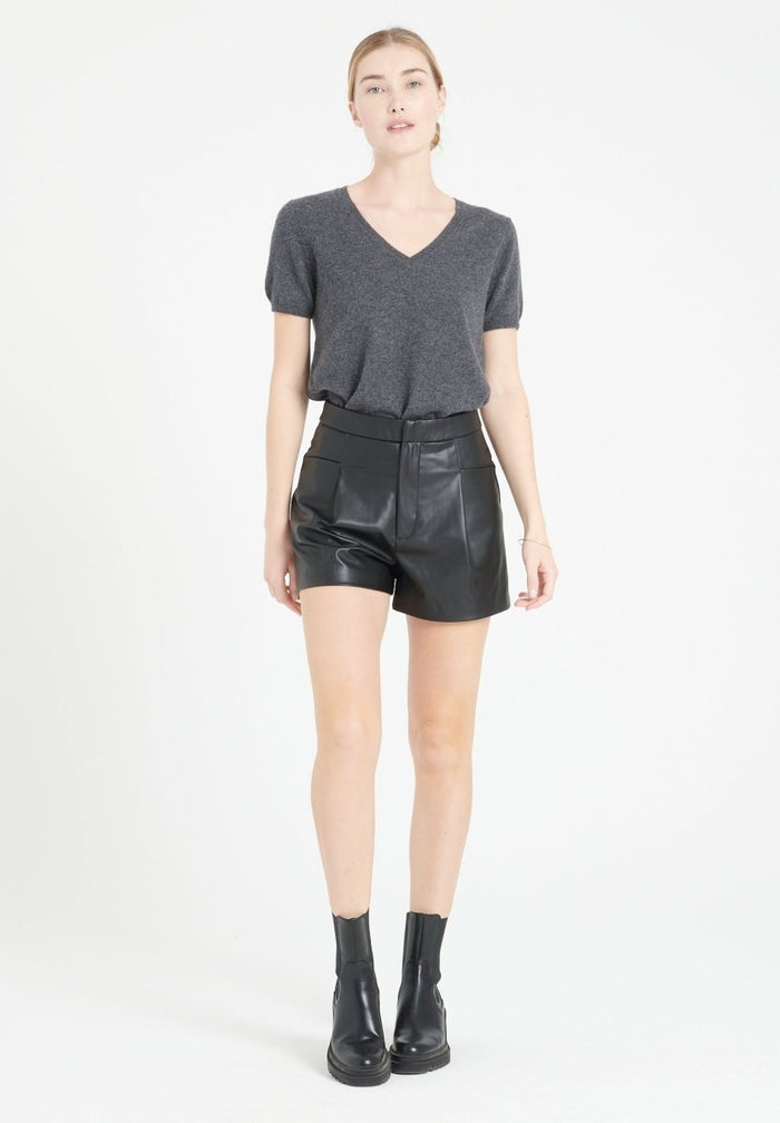 LILLY 14 T-shirt col V en cachemire manches courtes gris anthracite