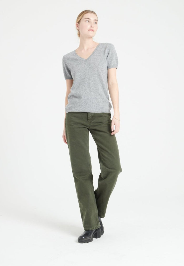LILLY 14 T-shirt col V en cachemire manches courtes gris clair